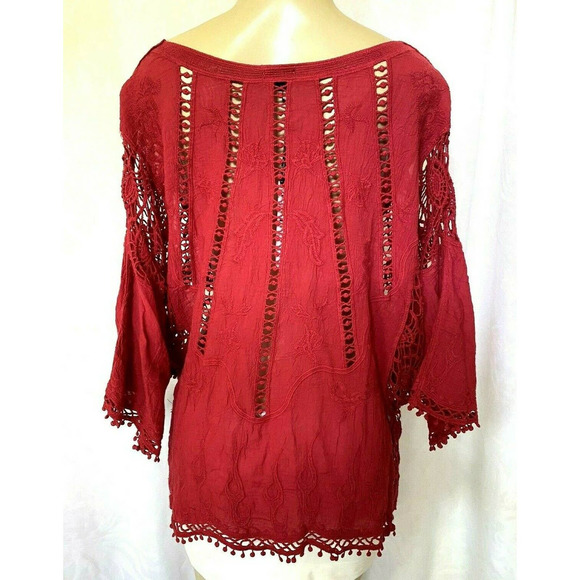 Coco + Carmen Top Embroidered Short Sleeve Relaxed Fit Red Lace Round Ne… - Picture 2 of 4